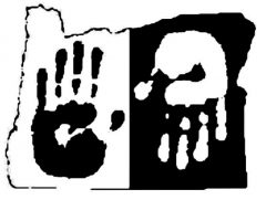 Black and White Graphic Image - Logo - Oregon State Outline with Black and White Handprints incl. 1 Black on White and 1 White on Black Upside Down